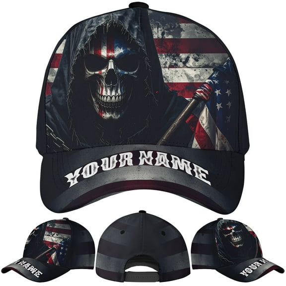 Lotusprinthandmade Personalized America Flag Skull Skeleton Halloween Classic Baseball Cap One Size Multicolor, custom name patriotic skull hat