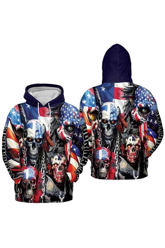 Personalized America Flag Skull Skeleton Hoodie 3D (Lightweight) S-5XL Multicolor (4XL), custom name skull us flag hoodie, patriotic skull hoodie