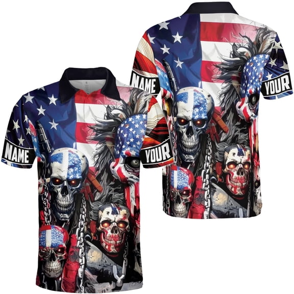 Lotusprinthandmade Personalized America Flag Skull Skeleton Men Polo Shirt (Lightweight) S-5XL Multicolor (5XL), custom name skull us flag polo, patriotic skull polo shirt