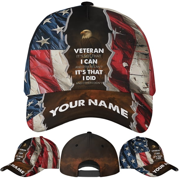 Lotusprinthandmade Personalized America Flag Veteran Eagle Classic Baseball Cap One Size Multicolor, custom name america flag cap