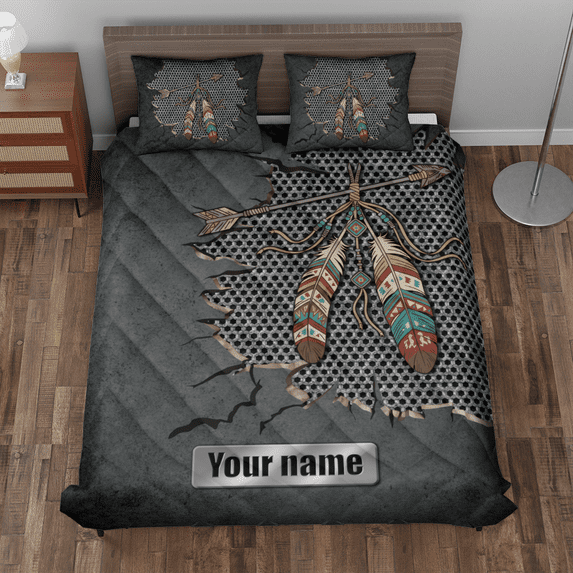 Lotusprinthandmade Personalized Arrow Feather Quilt Bedding Set (Fold Hem) 5 Sizes (Made in Vietnam) (55x60) – Feather Print Quilt Bedding Set
