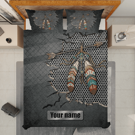 Lotusprinthandmade Personalized Arrow Feather Quilt Bedding Set (White Binding) 5 Sizes (Made in Vietnam) (60x70) – Feather Print Quilt Bedding Set