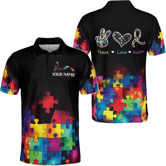 Lotusprinthandmade Personalized Autism Awareness Men Polo Shirt (Lightweight) S-5XL Multicolor (S), custom name autism polo, autism shirt