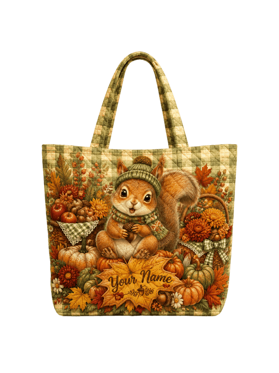 Personalized Autumn Squirrel Quilted Tote Bag Multicolor, Harvest Gift