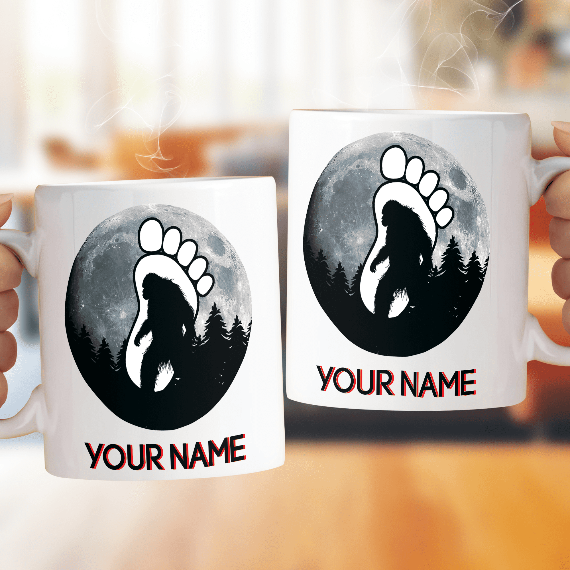 Lotusprinthandmade Personalized Bigfoot in Forest White Ceramic Mug (15oz) (Made In US), Bigfoot Lovers Mug, bigfoot coffee cup