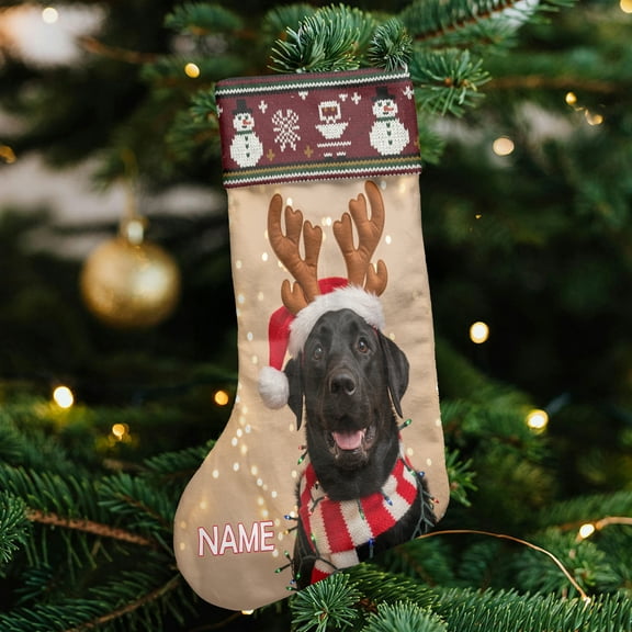 Lotusprinthandmade Personalized Black Lab Dog Christmas Stocking (M), labrador holiday stocking, pet lover christmas decor