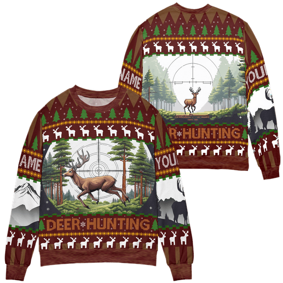 Lotusprinthandmade Personalized Brown Deer Hunting and Pattern Forest Multicolor Print Crew-neck Sweatshirt 3D (Made in Vietnam) S-5XL (S)