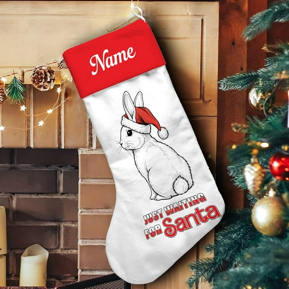 Lotusprinthandmade Personalized Bunny Santa Christmas Stocking (M), bunny christmas stocking, rabbit holiday stocking