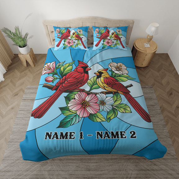 Lotusprinthandmade Personalized Cardinal Bird Couple Bedding Set (Made in Vietnam) (88x88), romantic cardinal couple bed set, cardinal bird couple bedding