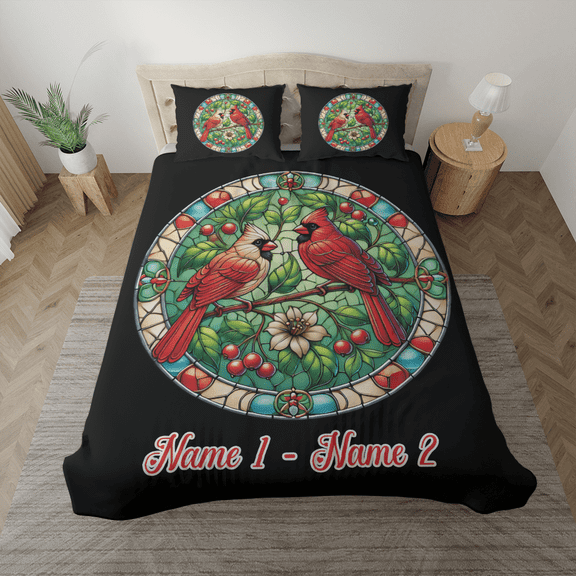 Lotusprinthandmade Personalized Cardinal Bird Couple Bedding Set
