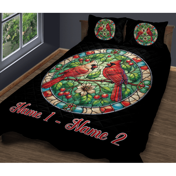 Lotusprinthandmade Personalized Cardinal Bird Couple Quilt Bedding Set (White Binding) 5 Sizes (Made in Vietnam) (55x60), cardinal bird lovers quilt bedding, romantic cardinal bird quilt set