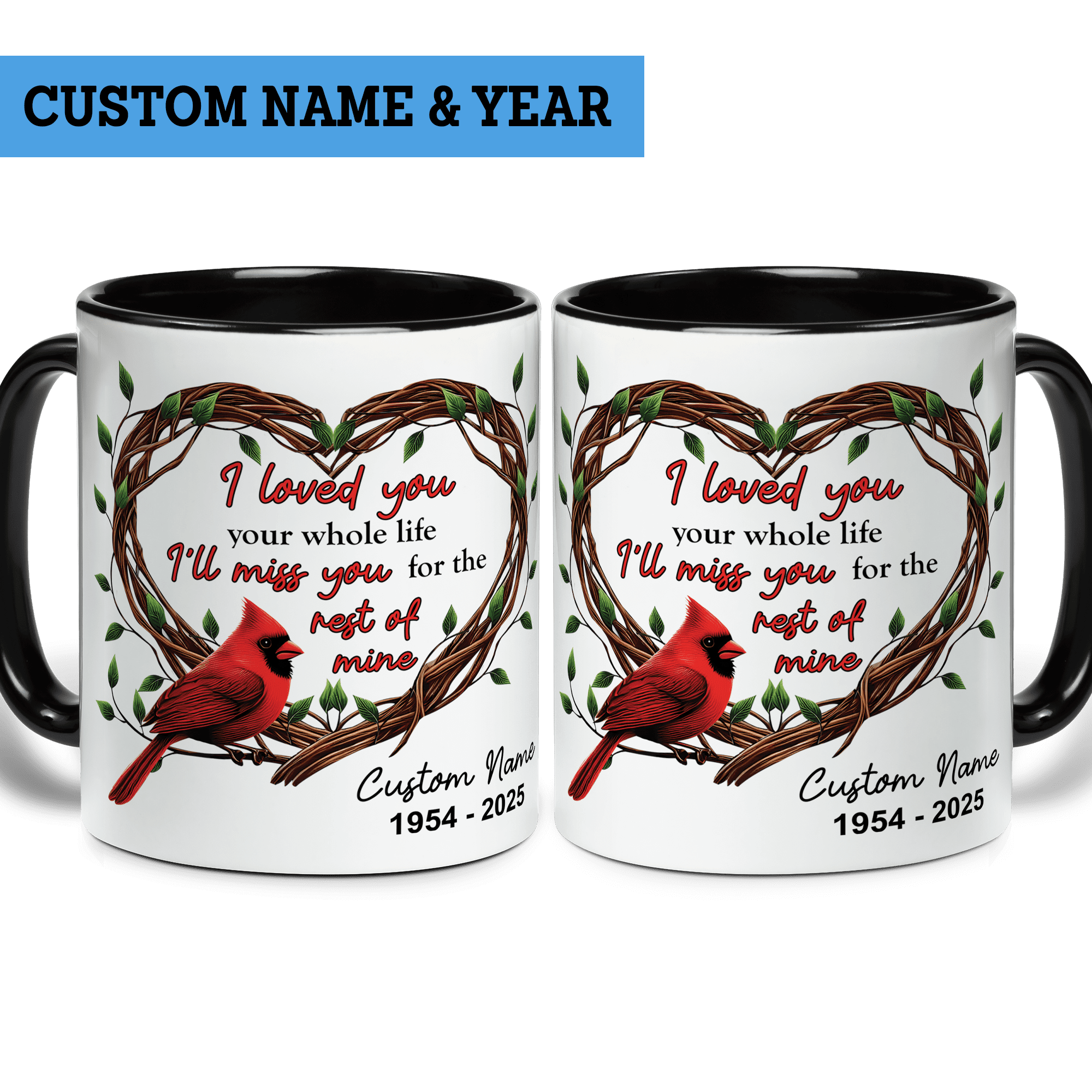 Lotusprinthandmade Personalized Cardinal Memorial Black Accent Mug (11oz) (Made In US), cardinal memorial coffee cup, cardinal mug