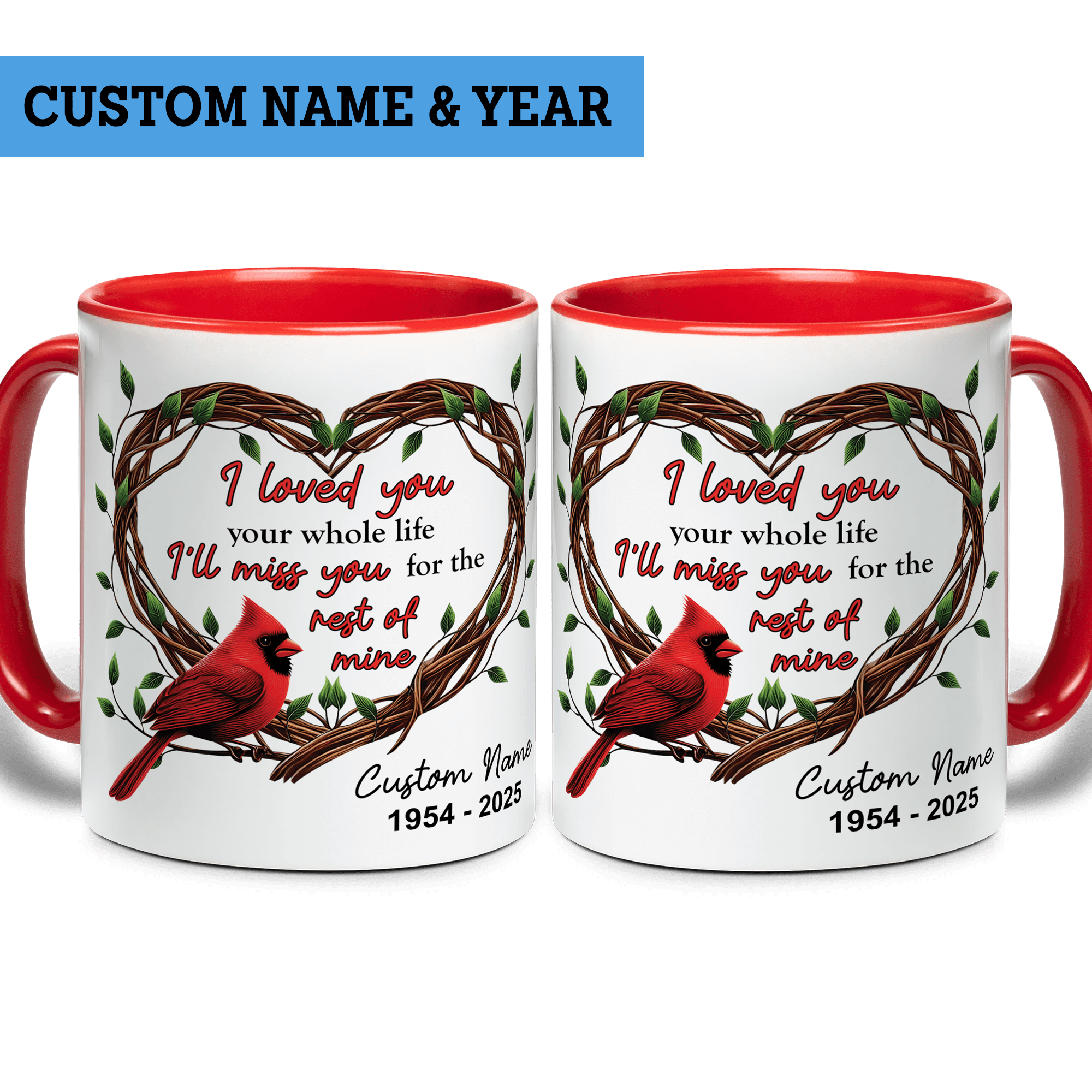 Lotusprinthandmade Personalized Cardinal Memorial Light Blue Accent Mug (11oz) (Made In US), cardinal memorial coffee cup, cardinal mug