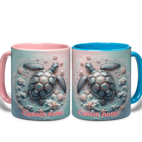 Lotusprinthandmade Personalized Cartoon Turtle Accent Mug 11oz, Light Blue