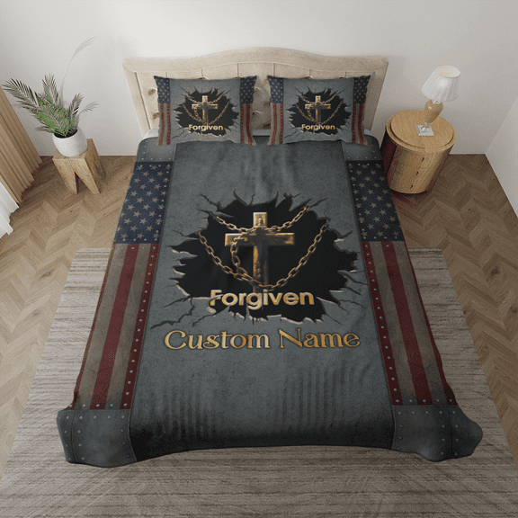 Lotusprinthandmade Personalized Christian Jesus Cross Forgiven America Bedding Set (Made in Vietnam) (88x88)