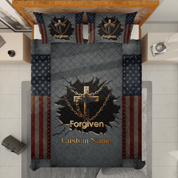 Lotusprinthandmade Personalized Christian Jesus Cross Forgiven America Quilt Bedding Set (White Binding) 5 Sizes (Made in Vietnam) (55x60), America-Inspired Faith Quilt Comforter