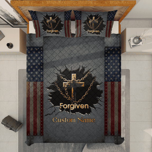 Lotusprinthandmade Personalized Christian Jesus Cross Forgiven America Quilt Bedding Set (White Binding) 5 Sizes (80x90)