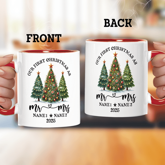 Lotusprinthandmade Personalized Christmas Orange Accent Mug (11oz) (Made In US), Gift for Couple Accent Mug, custom name couple christmas mug