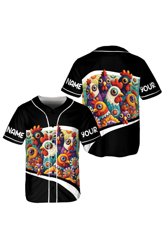 Personalized Colorful Funny Chicken Unisex Baseball Jersey XS-5XL Multicolor (5XL), Vibrant Chicken-Themed Baseball Jersey, Humorous Chicken Print Jersey
