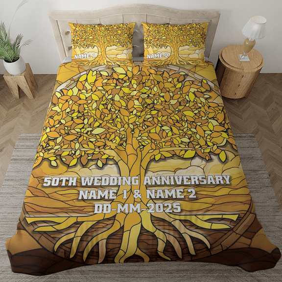 Lotusprinthandmade Personalized Colorful Tree Anniversary Bedding Set (Made in Vietnam) (88x88), Wedding Anniversary Gift for Husband Wife