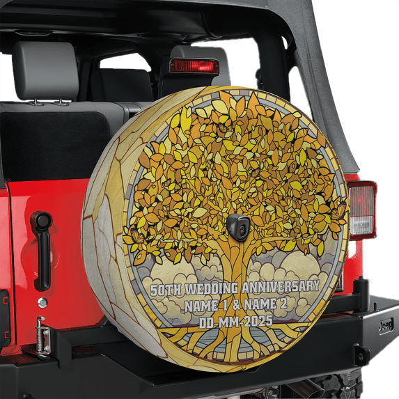 Lotusprinthandmade Personalized Colorful Tree Anniversary Spare Tire Cover With Backup Camera Hole 6 Sizes (35 in.), custom name colorful tree tire wrap