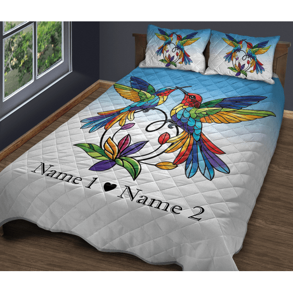 Lotusprinthandmade Personalized Couple of Hummingbird Quilt Bedding Set (Fold Hem) 5 Sizes (Made in Vietnam) (55x60), hummingbird couple quilt, vibrant hummingbird couple quilt bed set