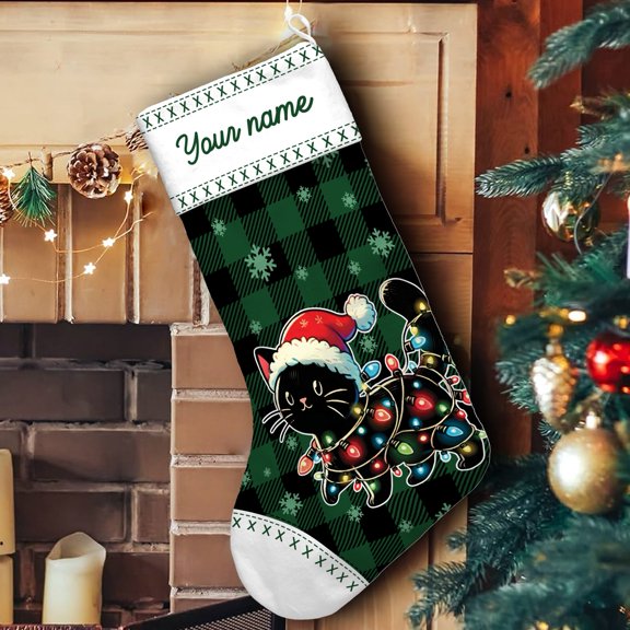 Lotusprinthandmade Personalized Cute Cat Christmas Stocking (M), cute cat holiday stocking, custom cat lover christmas decor, festive cat stocking for holiday