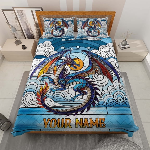 Lotusprinthandmade Personalized Cute Dragon with Book Quilt Bedding Set, White Binding, 55x60, Reading Dragon Quilt Blanket