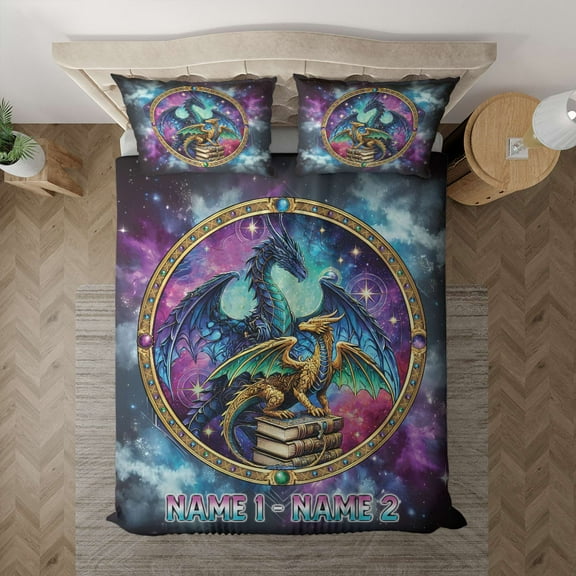 Lotusprinthandmade Personalized Cute Dragon and Book Bedding Set (Made in Vietnam) (68x88), Fantasy Dragon Bedding