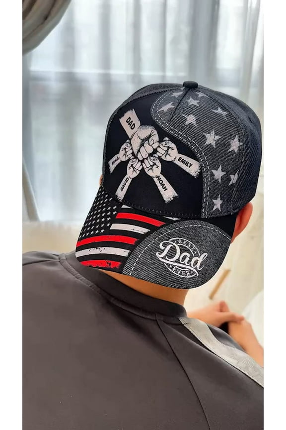 Personalized Dad and Kids Name America Flag Classic Baseball Cap One Size Multicolor, custom dad and kids name us flag cap