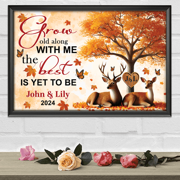 Lotusprinthandmade Personalized Deer Couple Grow Old Along With Me Canvas 1.5in 12" x 8", Romantic Nature-Themed Wall Print