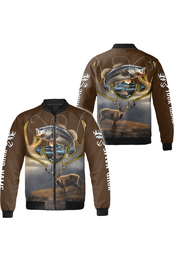 Personalized Deer Hunting Bass Fishing All-over Print Bomber Jacket Hoodie S-5XL Multicolor (L)