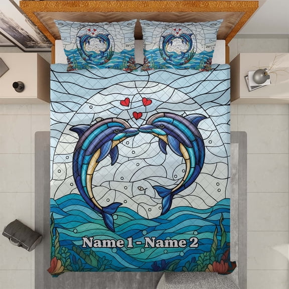 Lotusprinthandmade Personalized Dolphin Couple Quilt Bedding Set White Binding 90x100