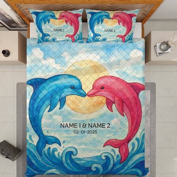 Lotusprinthandmade Personalized Dolphin Couple Quilt Bedding Set (White Binding) 5 Sizes (Made in Vietnam) (70x80), Dolphin Couple Art Quilt Bedding