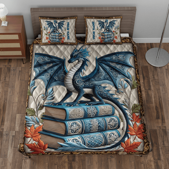 Lotusprinthandmade Personalized Dragon And Book Quilt Bedding Set (Fold Hem) 5 Sizes (Made in Vietnam) (70x80), Mystical Dragon Reading-Themed Bedspread