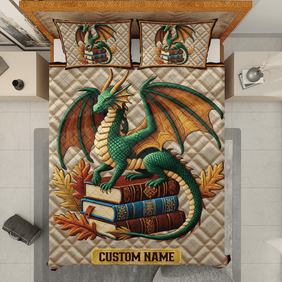Lotusprinthandmade Personalized Dragon And Book Quilt Bedding Set White Binding 70x80