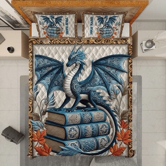 Lotusprinthandmade Personalized Dragon And Book Quilt Bedding Set (White Binding) 5 Sizes (90x100)
