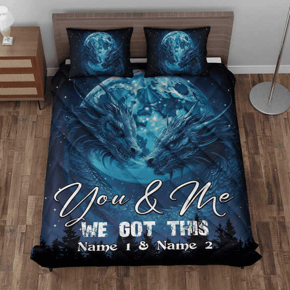 Lotusprinthandmade Personalized Dragon Couple Quilt Bedding Set, Fold Hem, 70x80