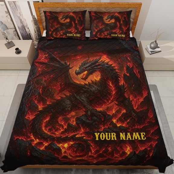 Lotusprinthandmade Personalized Dragon Lovers Quilt Bedding Set, White Binding, 80x90