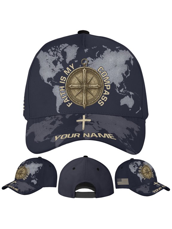 Personalized Faith Is My Compass Classic Baseball Cap One Size Multicolor, custom name christian quote cap, inspirational faith based hat