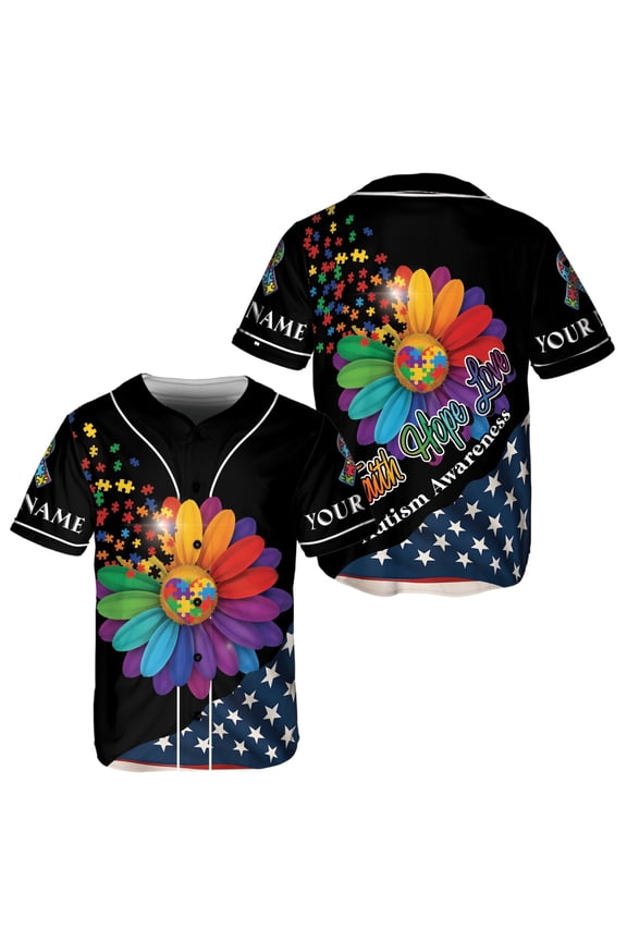 Personalized Faith Hope Love Autism Awareness Baseball Jersey XS-5XL Multicolor (2XL) – Autism Awareness Jersey