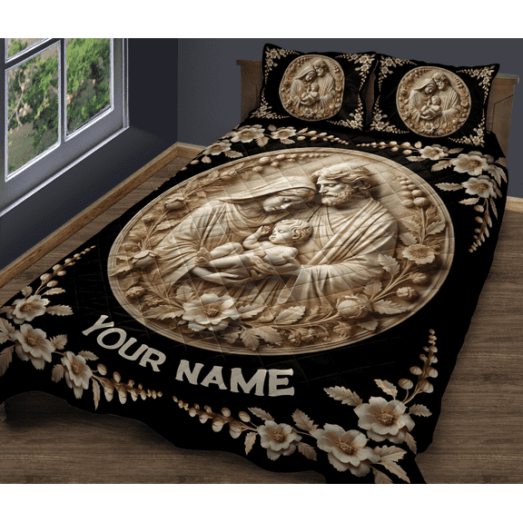 Lotusprinthandmade Personalized Family Jesus Christian Quilt Bedding Set, Fold Hem, 70x80