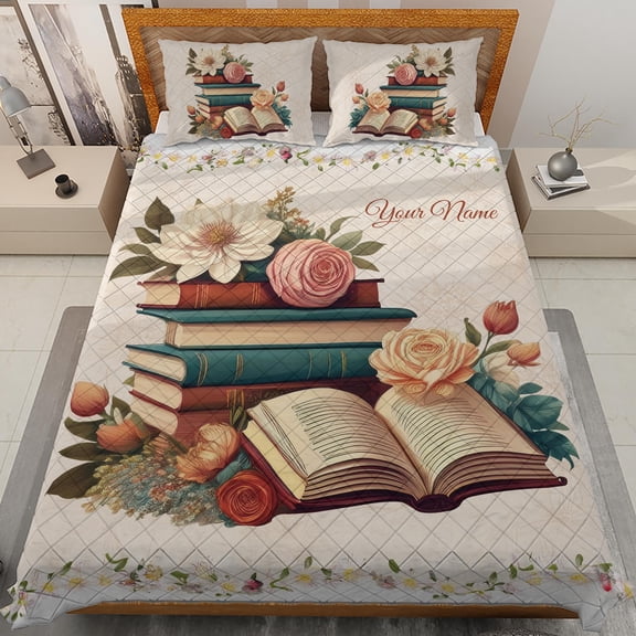 Lotusprinthandmade Personalized Floral Book Quilt Bedding Set White Binding