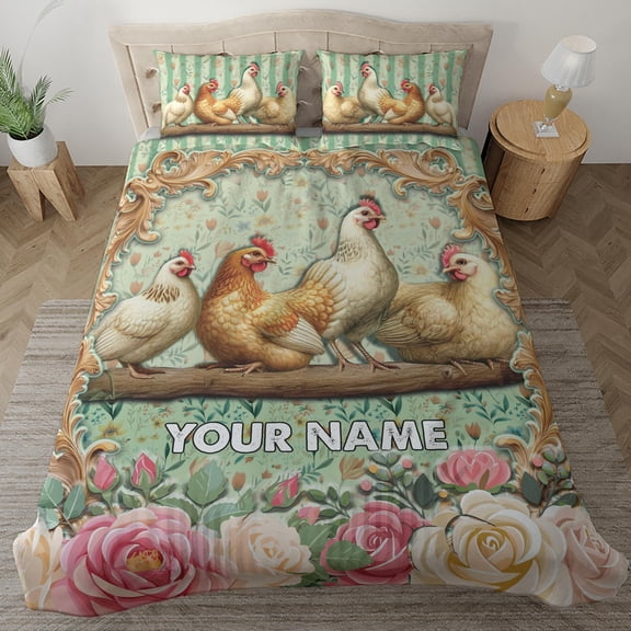 Lotusprinthandmade Personalized Floral Chicken Lovers Bedding Set (Made in Vietnam) (88x88), Chicken 3D Graphic Bedding Set, chicken bed set