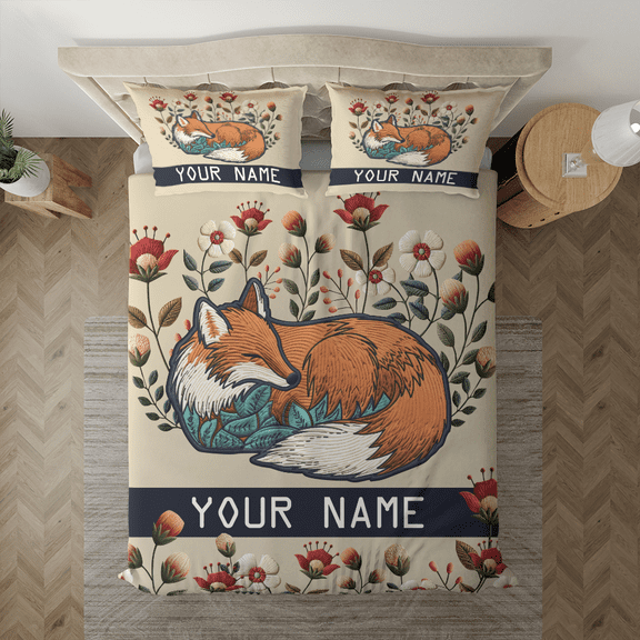 Lotusprinthandmade Personalized Floral Foxes Bedding Set (Made in Vietnam) (68x88), Artistic Floral Fox Comforter Set