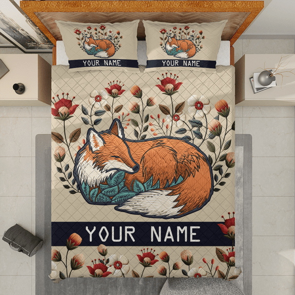 Lotusprinthandmade Personalized Floral Foxes Quilt Bedding Set (White Binding) 5 Sizes (Made in Vietnam) (55x60), Custom Fox-Themed Floral Quilt Bedspread