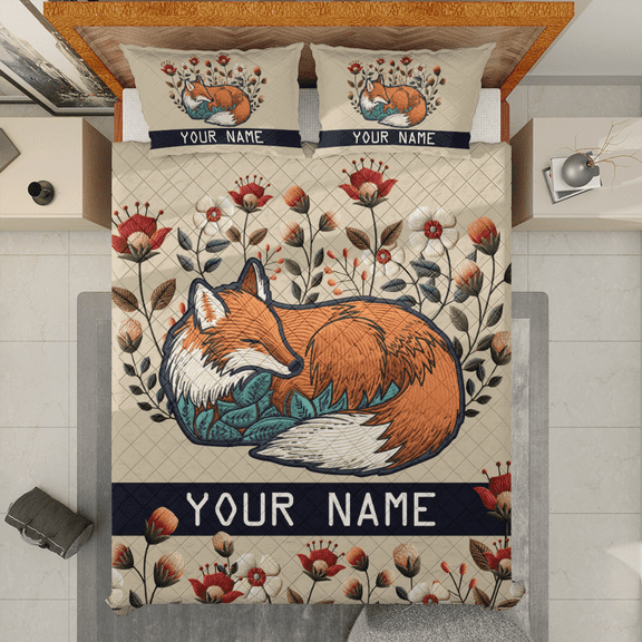 Lotusprinthandmade Personalized Floral Foxes Quilt Bedding Set (White Binding) 5 Sizes (Made in Vietnam) (80x90), Custom Fox-Themed Floral Quilt Bedspread