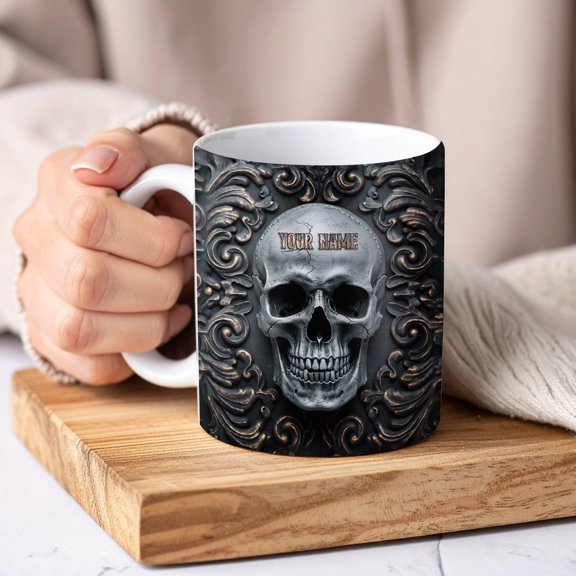 Lotusprinthandmade Personalized Funny Halloween Skull White Ceramic Mug (15oz) (Made In US) – Skull Café Cup