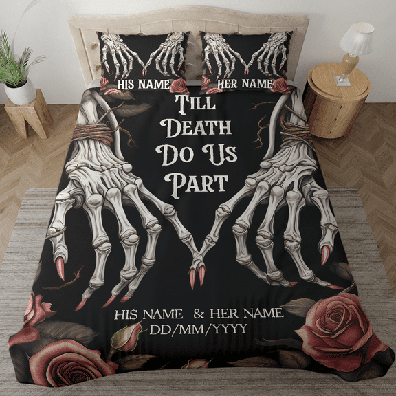 Lotusprinthandmade Personalized Halloween Couple Skeleton Bedding Set (Made in Vietnam) (60x80), Spooky Halloween Skeleton Bedding, Romantic Skeleton Couple Bed Set