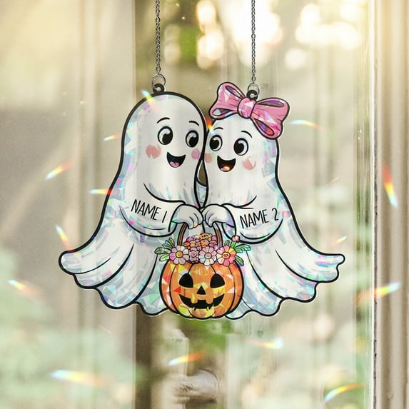 Lotusprinthandmade Personalized Halloween Couple Spooky Custom Shape Broken Glass Hologram Ornament 10in, Spooky Halloween Couple Ornament
